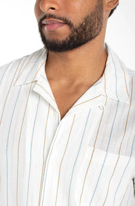 Men's ivory aqua stripe cotton camp shirt – close-up of camp collar, chest pocket, and yarn-dyed dobby stripe fabric detail