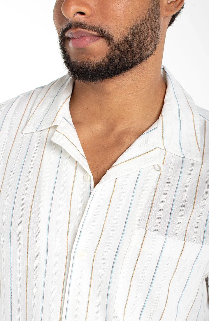 Men's ivory aqua stripe cotton camp shirt – close-up of camp collar, chest pocket, and yarn-dyed dobby stripe fabric detail