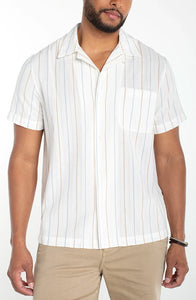 Men's cotton camp shirt ivory aqua stripe – front view showing camp collar, button front, and chest pocket on relaxed fit short sleeve shirt