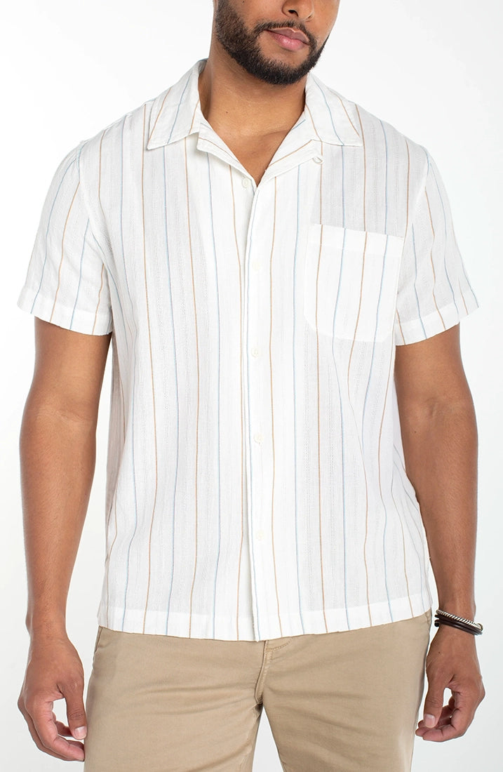 Men's cotton camp shirt ivory aqua stripe – front view showing camp collar, button front, and chest pocket on relaxed fit short sleeve shirt