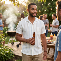 model at a backyard BBQ wearing the striped camp shirt