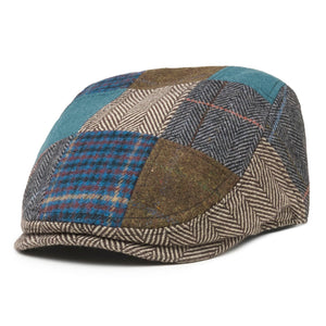 Side view of single-panel patchwork flat cap