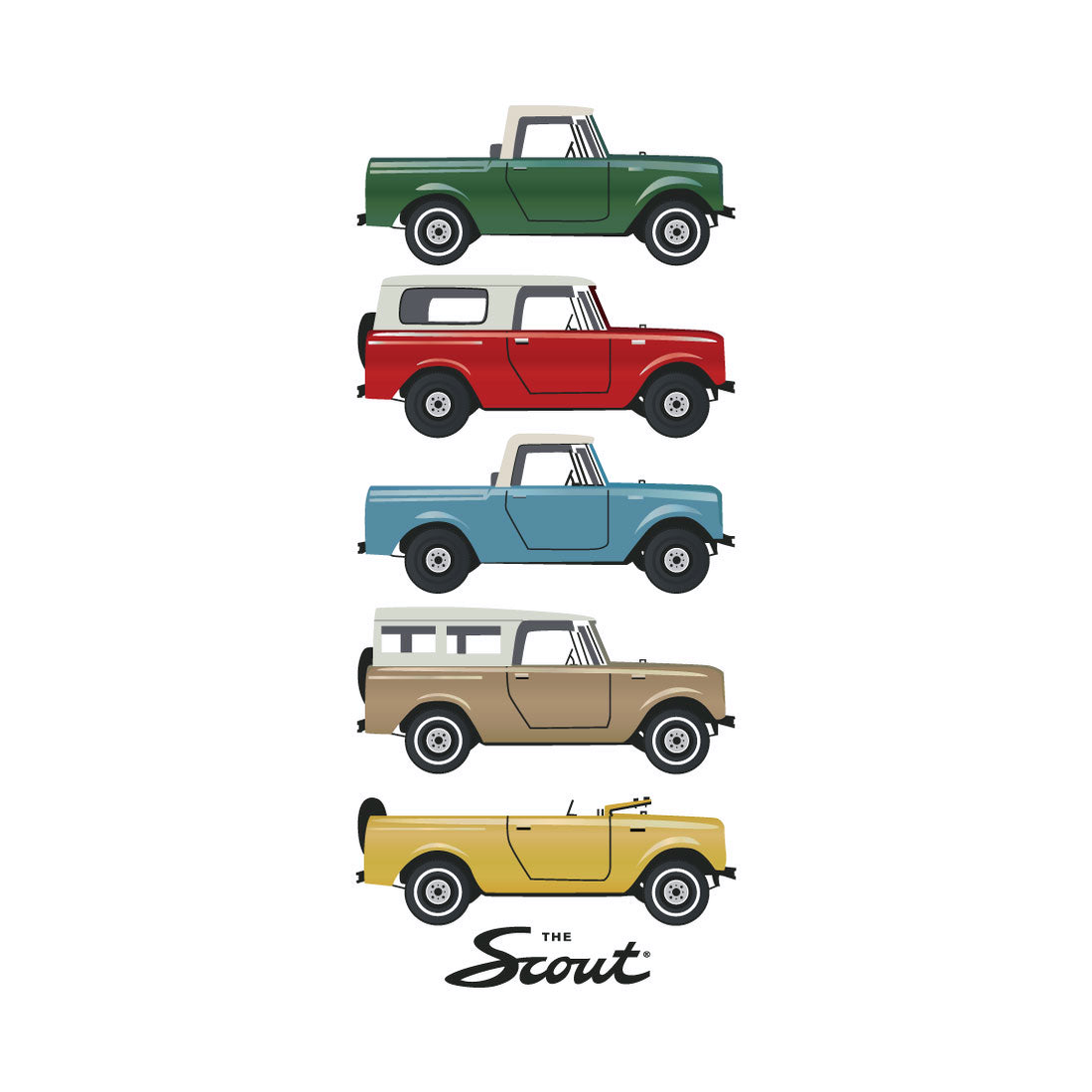 International Harvester Scouts print 11x14 flat artwork of five vintage Scout trucks in green, red, blue, tan and yellow, The Simple Man