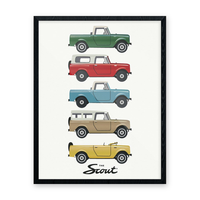 Framed International Harvester Scouts print showing five classic Scouts in green, red, blue, tan and yellow on a white background, 11x14, The Simple Man