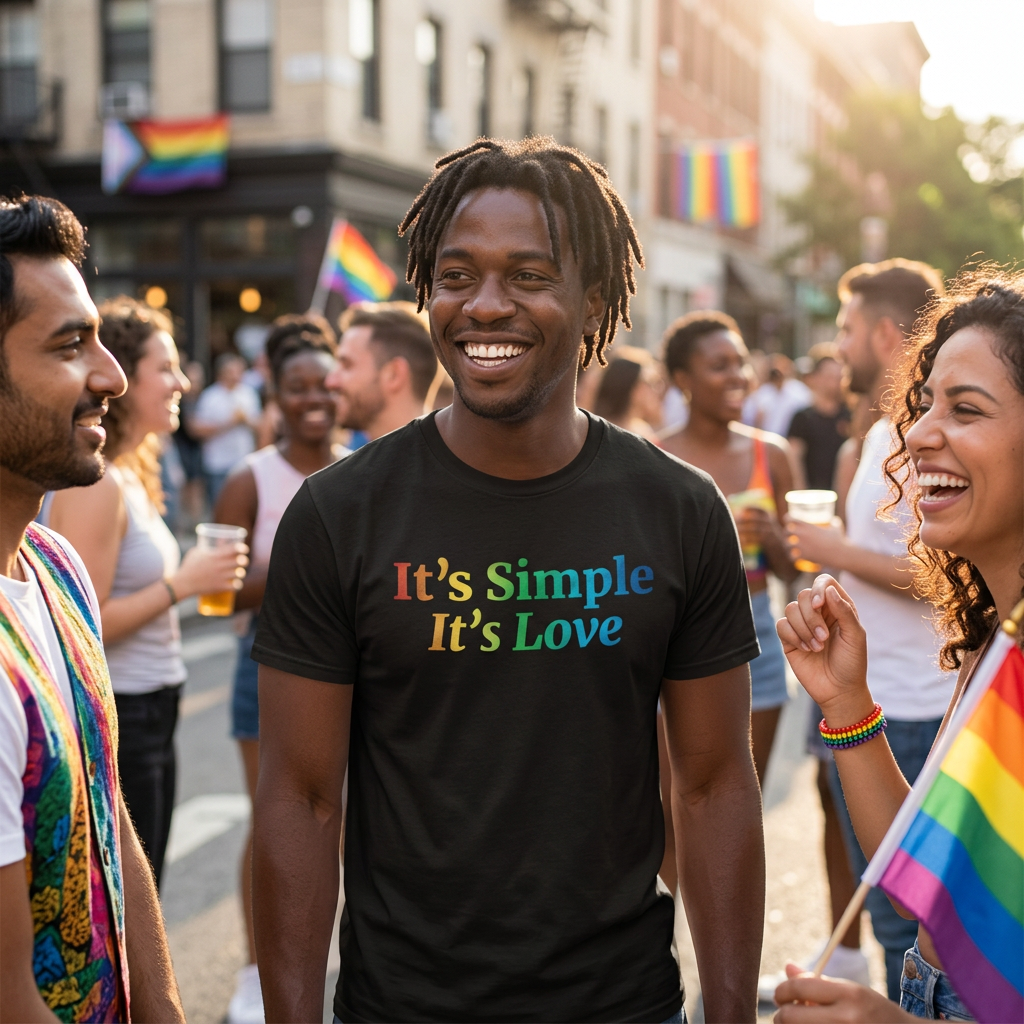 The Simple Man It's Simple It's Love Pride T-Shirt worn on model showing fit and print detail