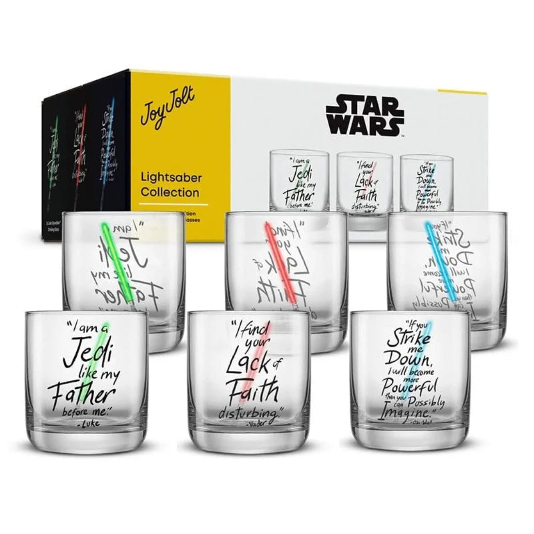 JoyJolt Star Wars Lightsaber whiskey glass set of 6 with gift box – officially licensed Star Wars drinkware Luke Vader Obi-Wan tumblers