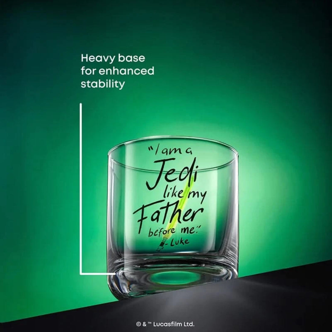 JoyJolt Star Wars Luke Skywalker Jedi Father quote tumbler on green background – heavy base lead-free 10oz whiskey glass
