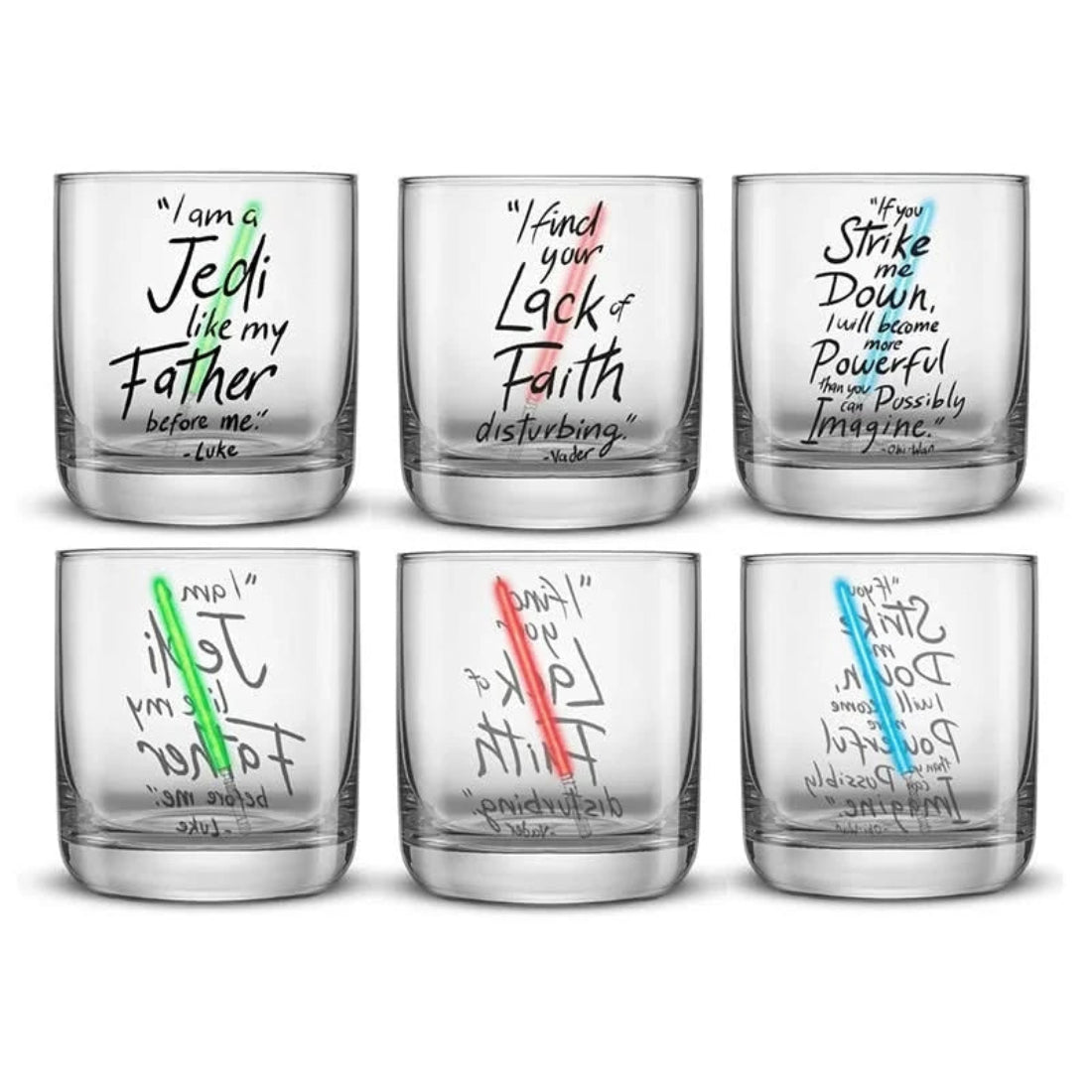 JoyJolt Star Wars Lightsaber Collection set of 6 tumblers – Luke Vader Obi-Wan quote glasses front and back view lead-free 10oz
