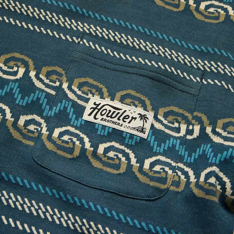 Howler Brother's Jacquard T-shirt in Zicatela pattern, flat lay close up detail view