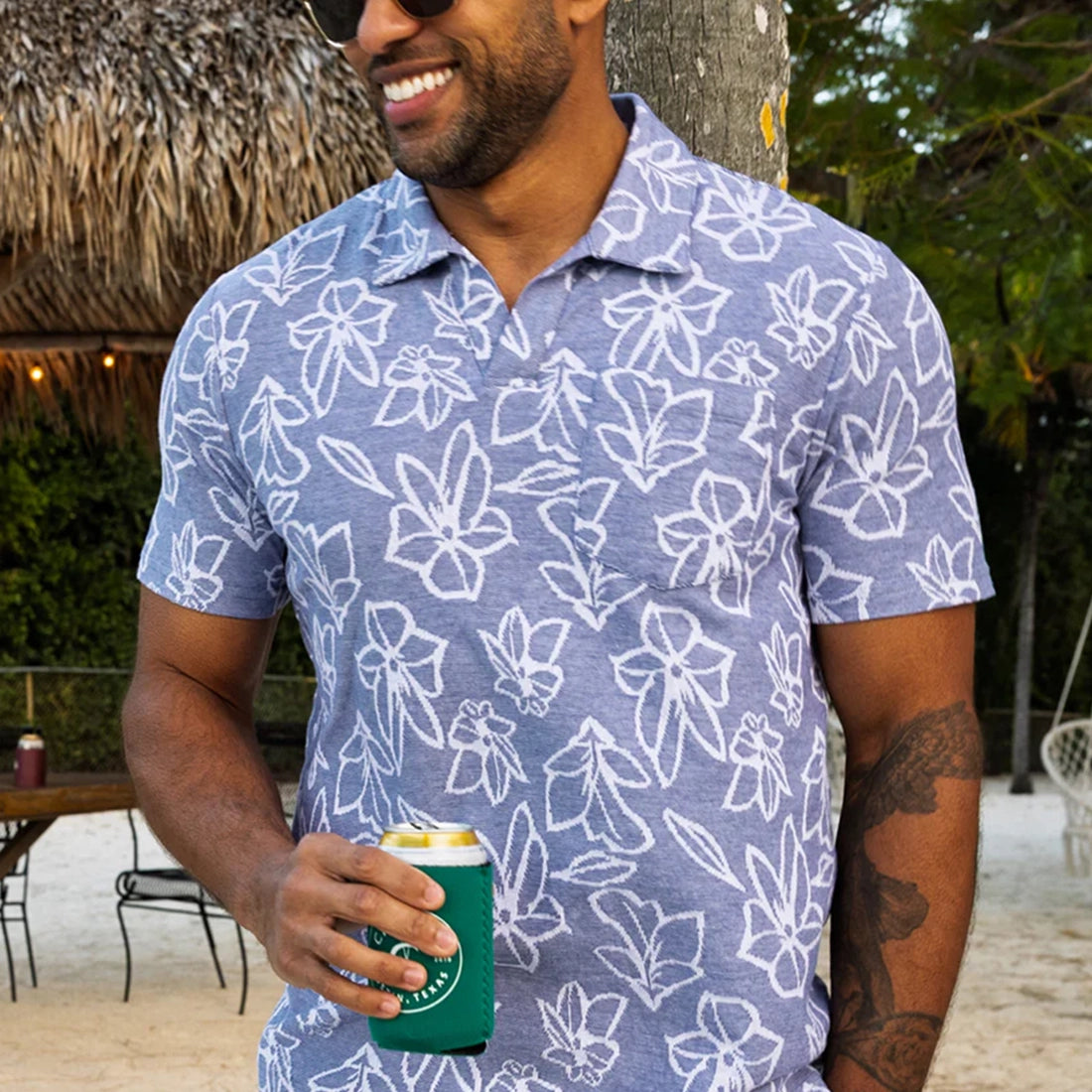 Criquet Jacquard Monty Polo in navy front view showing woven jacquard pattern