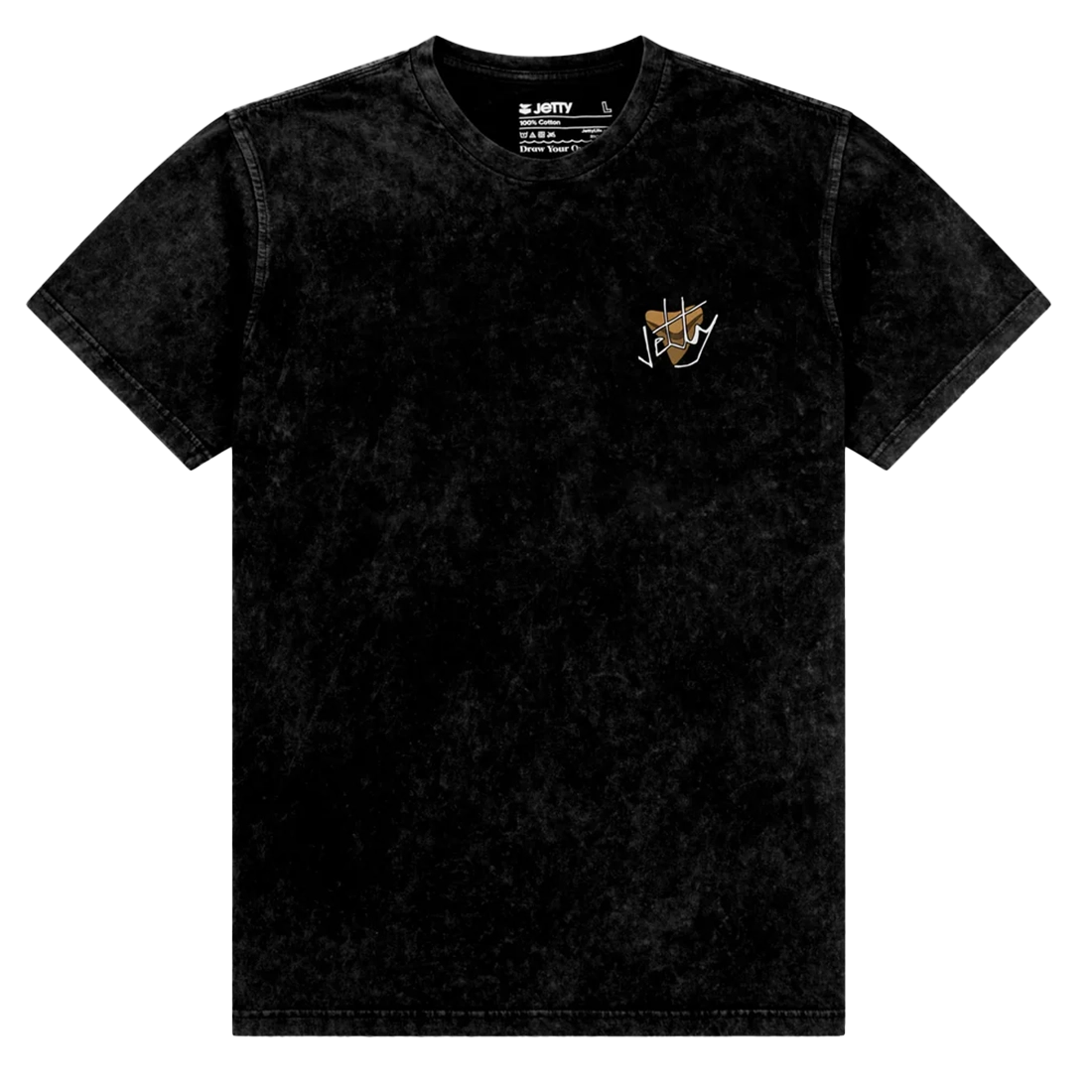 Black t-shirt with a small logo on the chest against a white background