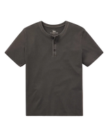 The Normal Brand Jersey Henley Shadow flat lay – 100% cotton 3-button placket rib neck inset short sleeve men's henley white background