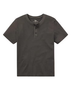 The Normal Brand Jersey Henley Shadow flat lay – 100% cotton 3-button placket rib neck inset short sleeve men's henley white background