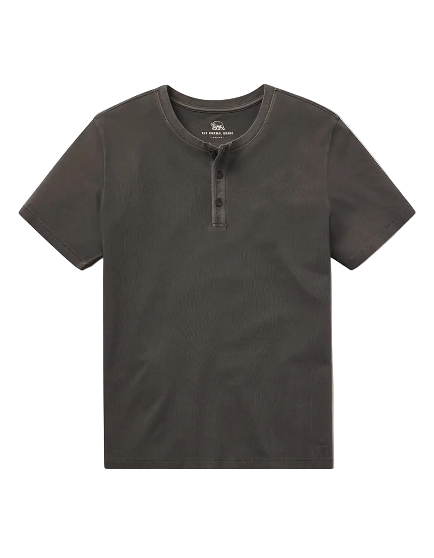 The Normal Brand Jersey Henley Shadow flat lay – 100% cotton 3-button placket rib neck inset short sleeve men's henley white background