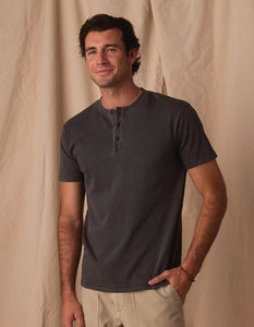 Man wearing The Normal Brand Shadow Jersey Henley front view smiling – 100% cotton short sleeve 3-button henley true to size men's everyday shirt