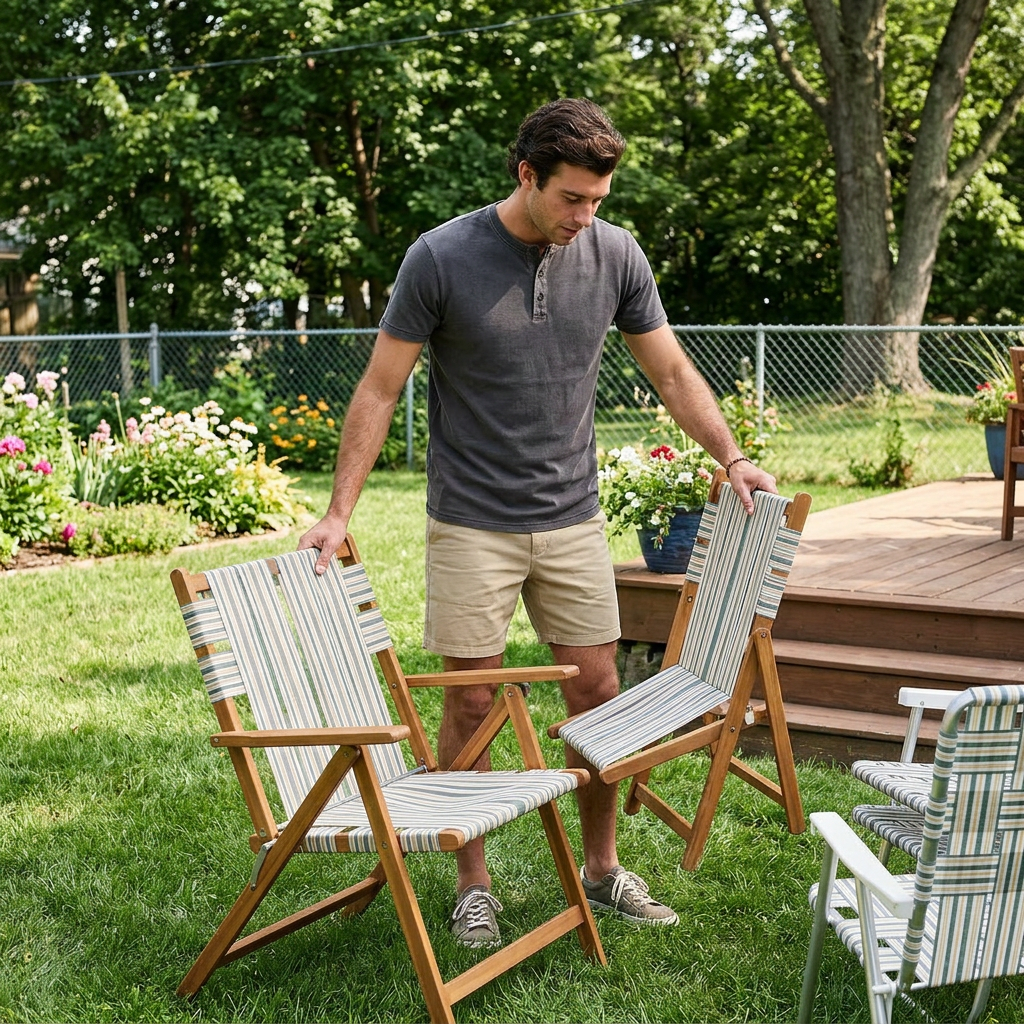 Man arranging outdoor chairs in a garden setting