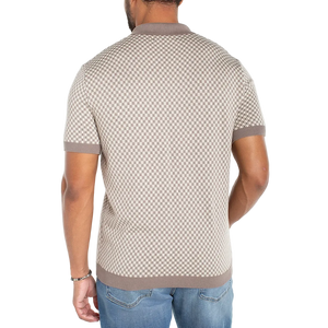 Back view of men’s taupe short sleeve knit polo with ribbed hem and tailored fit