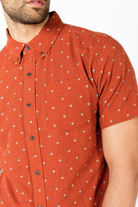 Model Wearing Bridge & Burn Jordan Shirt in Fil-Coupe Dots front view close up