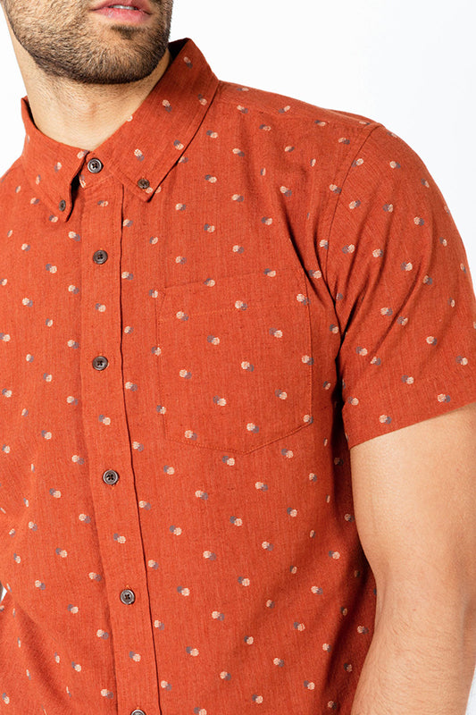 Model Wearing Bridge & Burn Jordan Shirt in Fil-Coupe Dots front view close up