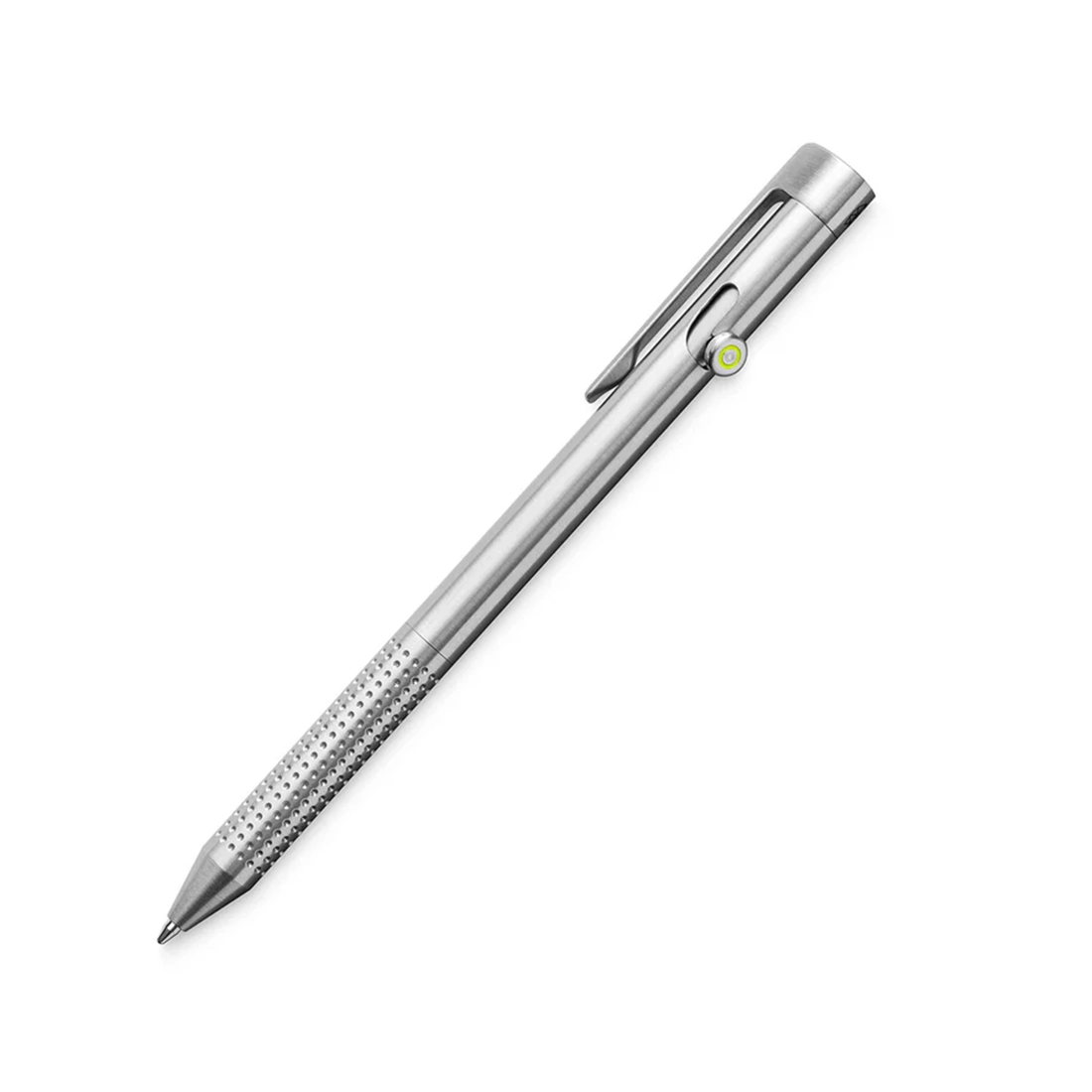 The James Brand Kent silver bolt-action pen lifestyle shot on desk