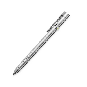 The James Brand Kent silver bolt-action pen lifestyle shot on desk