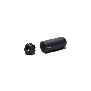 Black anodized aluminum Key Capsule with its threaded lid removed, front view - The Simple Man