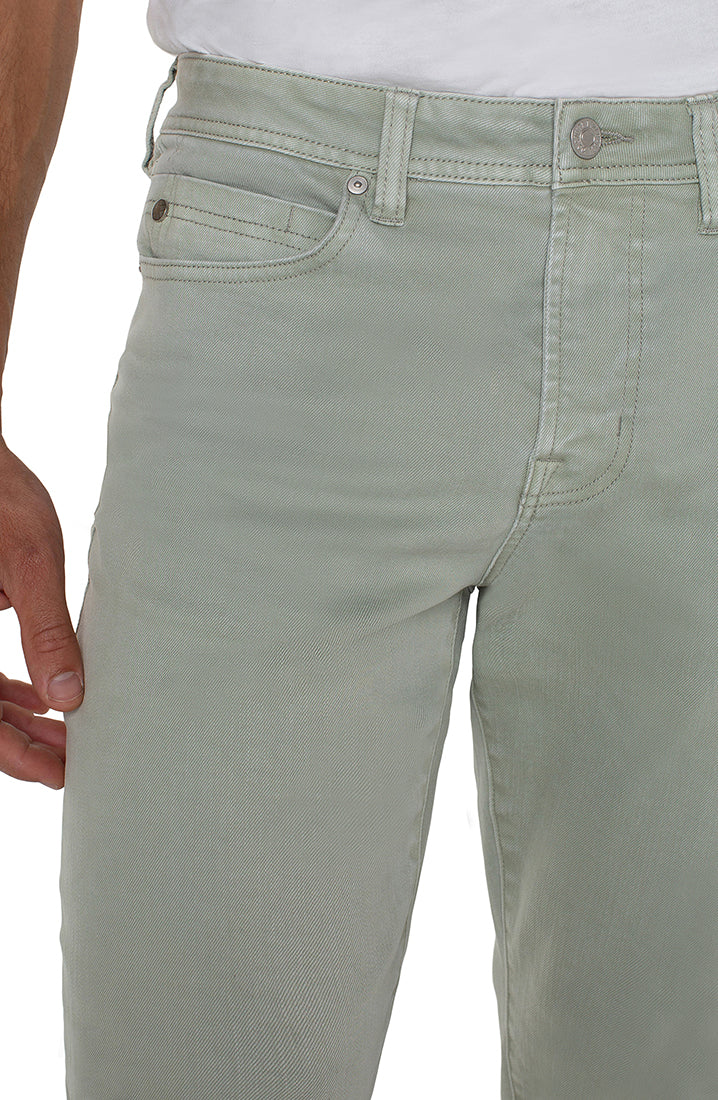 Seafoam garment dyed men’s denim 5 pocket detail close up