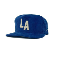 Los Angeles blue corduroy snapback hat with cream LA letter patch, flat brim, 3/4 view – The Simple Man