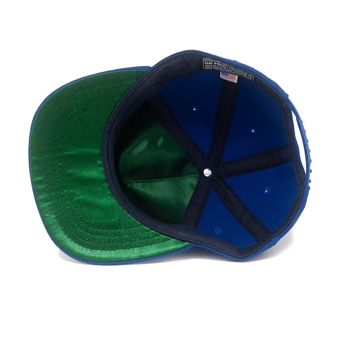 Interior of Ampal Creative Los Angeles blue snapback with green satin brim lining and Made in USA label – The Simple Man