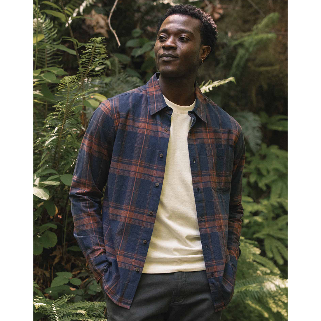 Close-up of Larson Shirt Cinder Plaid collar and chest pocket showing Standard Fit label and plaid detail - The Simple Man