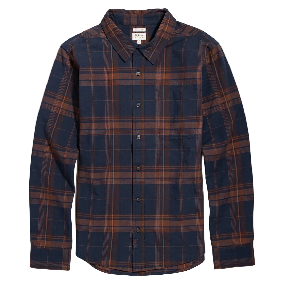 Larson Shirt in Cinder Plaid flat lay front view, navy and rust windowpane plaid button-up - The Simple Man