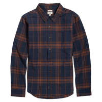 Larson Shirt in Cinder Plaid flat lay front view, navy and rust windowpane plaid button-up - The Simple Man