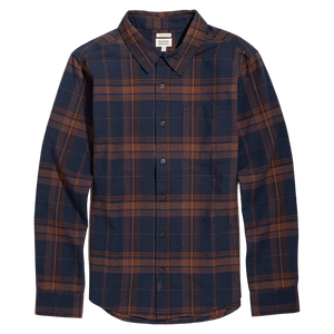 Larson Shirt in Cinder Plaid flat lay front view, navy and rust windowpane plaid button-up - The Simple Man
