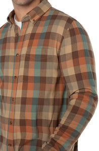 Liverpool Plaid woven button up shirt in teal/rust multi color, close up fabric detail view