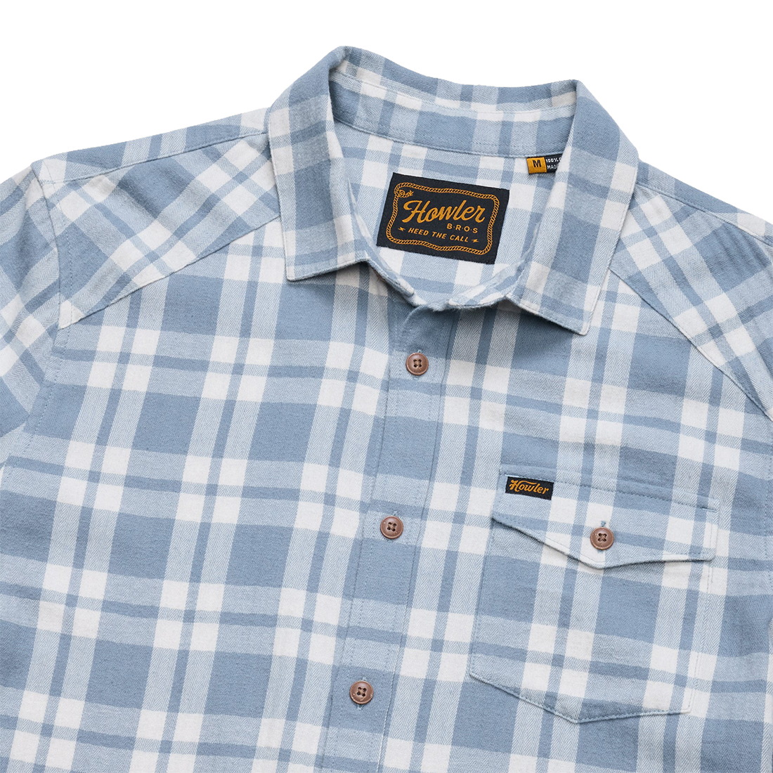 Collar and Howler Bros neck label detail on the Cohen Plaid Iron Blue La Grange Lightweight Flannel, The Simple Man