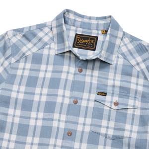 Collar and Howler Bros neck label detail on the Cohen Plaid Iron Blue La Grange Lightweight Flannel, The Simple Man