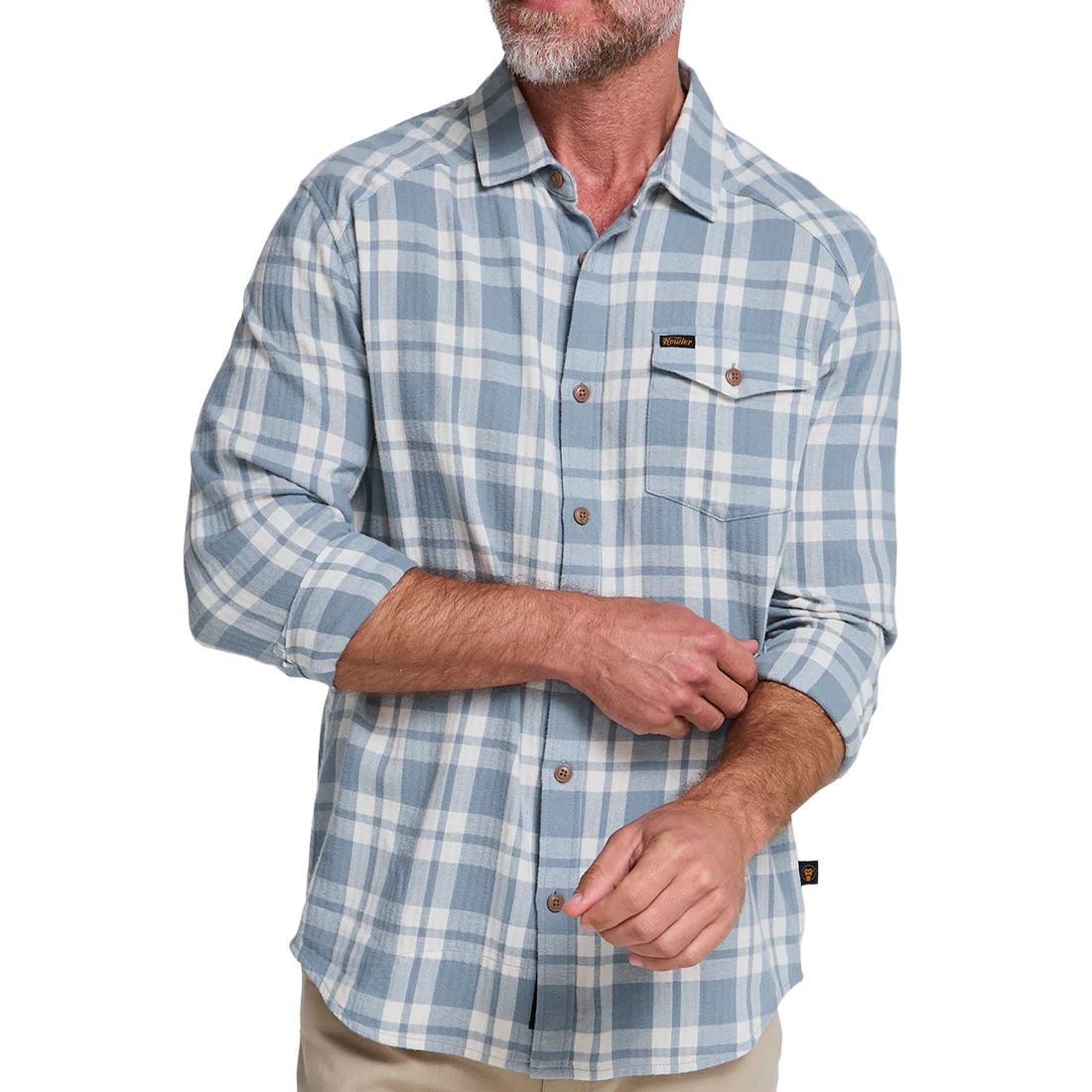 Man in the Cohen Plaid Iron Blue La Grange Lightweight Flannel showing button front and chest pocket, front view, The Simple Man