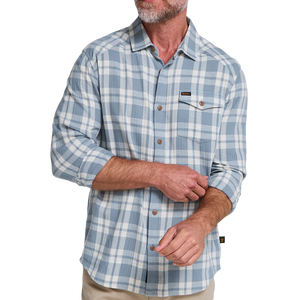 Man in the Cohen Plaid Iron Blue La Grange Lightweight Flannel showing button front and chest pocket, front view, The Simple Man