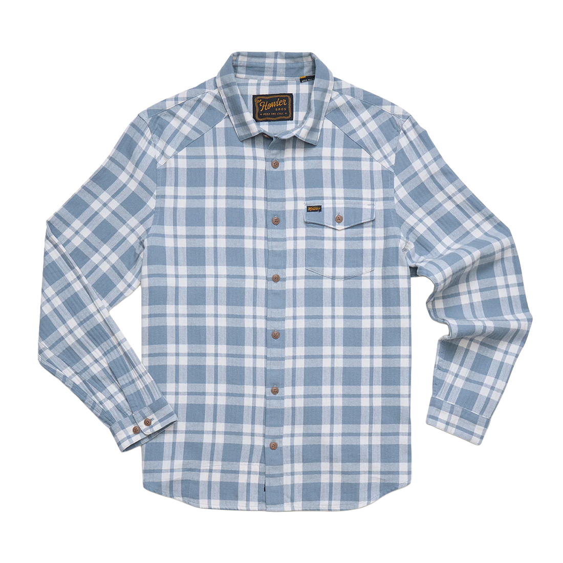 Iron Blue plaid lightweight cotton flannel shirt with coconut buttons and flap chest pocket, La Grange Lightweight Flannel, flat lay front view, The Simple Man