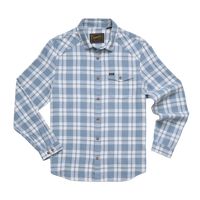Iron Blue plaid lightweight cotton flannel shirt with coconut buttons and flap chest pocket, La Grange Lightweight Flannel, flat lay front view, The Simple Man