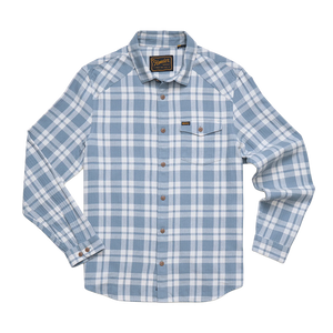 Iron Blue plaid lightweight cotton flannel shirt with coconut buttons and flap chest pocket, La Grange Lightweight Flannel, flat lay front view, The Simple Man