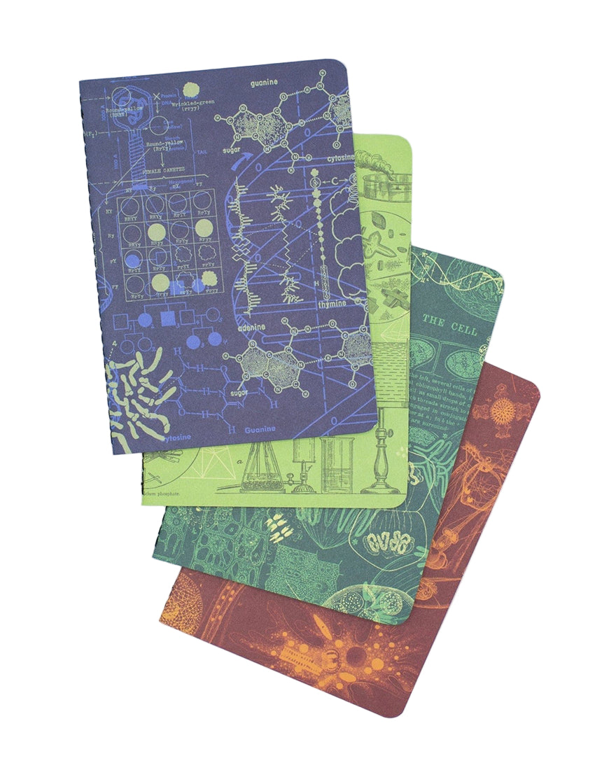 Lab Science Pocket Notebook 4-Pack displayed in layered view with vibrant science-themed covers – The Simple Man Store