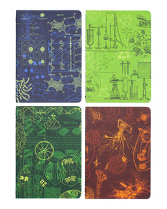 Set of four science notebooks with illustrated covers – Genetics, Chemistry, Cell Biology, and Microbiology designs