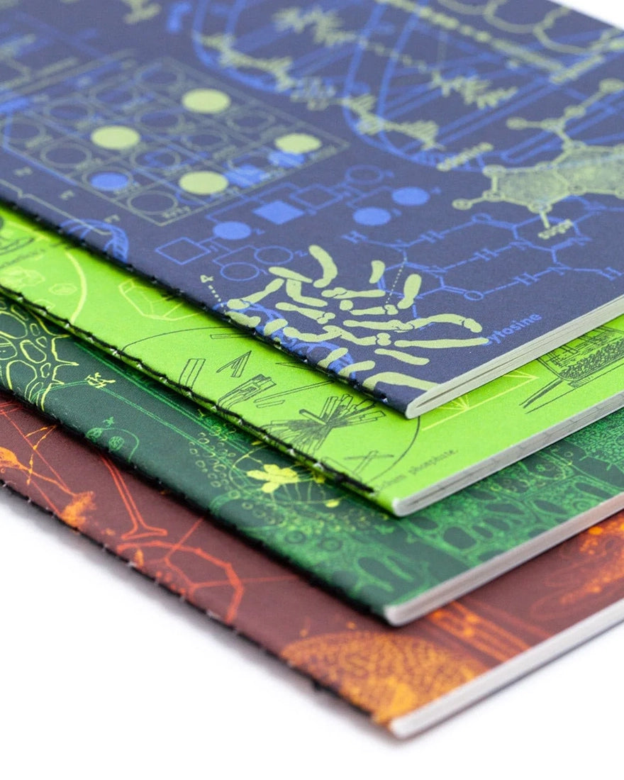 Science-themed pocket notebook set featuring Chemistry, Biology, Microbiology, and DNA covers – The Simple Man