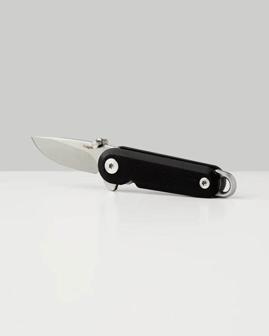 Black G10 Lark keychain knife with folding blade for everyday carry