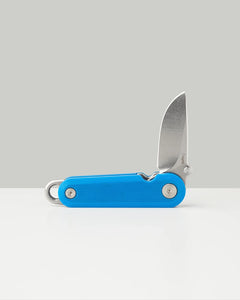 Compact blue G10 pocket knife with drop point blade and keyring loop