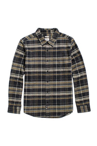 Flat lay of The Larson classic fit button-up flannel shirt in volcanic plaid with chest pocket and button closure.