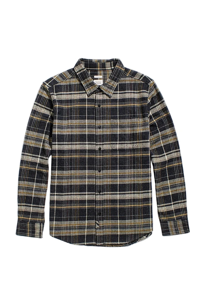 Flat lay of The Larson classic fit button-up flannel shirt in volcanic plaid with chest pocket and button closure.