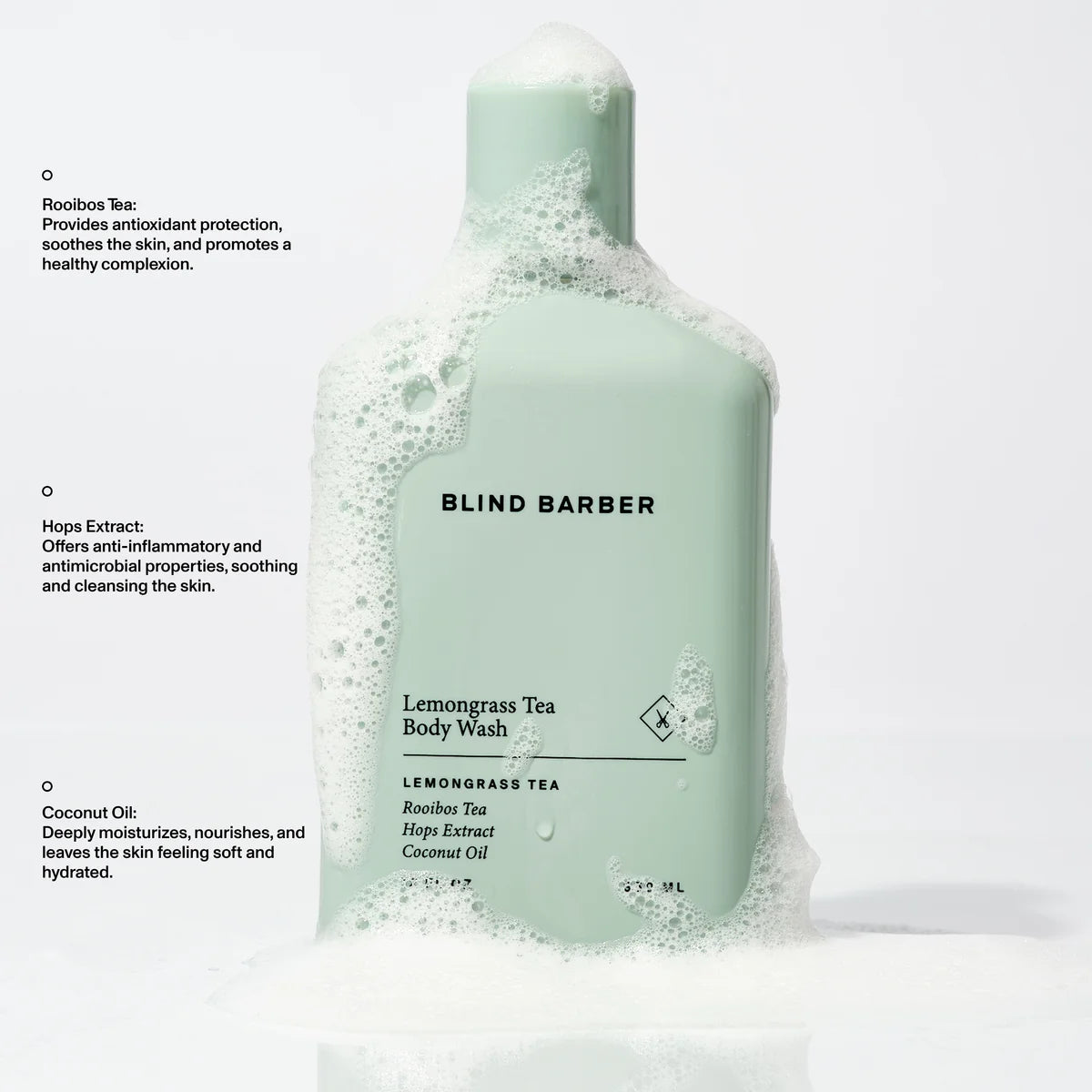 Blind Barber Lemongrass Tea Body Wash bottle with foaming lather, rooibos tea and coconut oil detail, The Simple Man