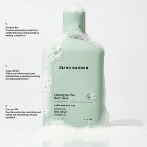 Blind Barber Lemongrass Tea Body Wash bottle with foaming lather, rooibos tea and coconut oil detail, The Simple Man